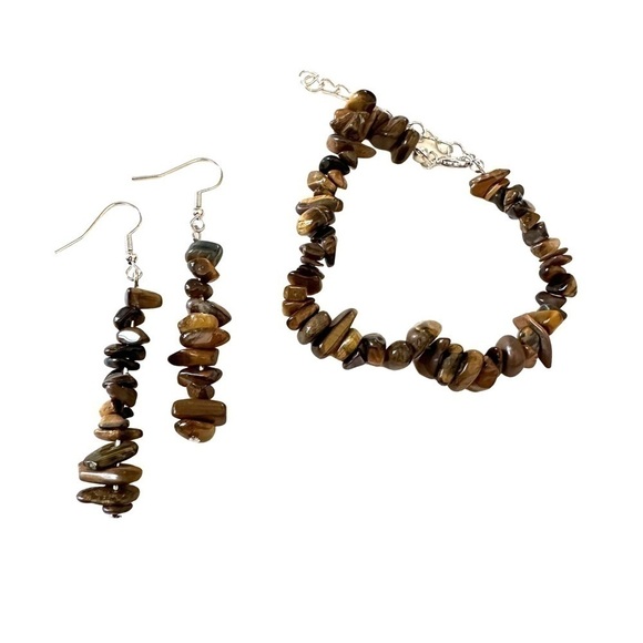 Natural Stone Handcrafted Jewelry Set Boho Bracelet Earrings - Picture 1 of 6